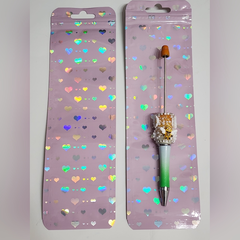 Beadable‎ Pen Bags Packaging Holographic Pink Hearts 10 Pk